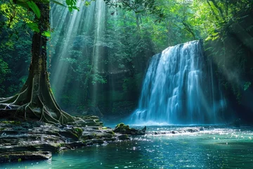 Fotobehang Sunlight beams and rays shine through leaves of trees in tropical rainforest with beautiful waterfall falling in clear pond and old big tree on foreground © Sarinrata