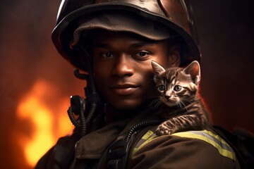 Portrait of an African American firefighter in a helmet holding a rescued kitten against the background of fire
