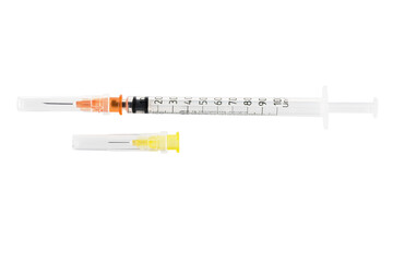 Plastic insulin syringe isolated on white background. Close-up