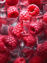 Fresh wet ripe raspberry and ice cubes background. Juice fruit. Flat lay, top view. Berries organic concept. Colorful fruit pattern.