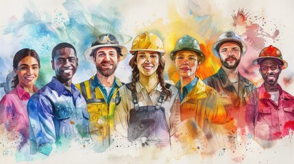 Labor Day. Watercolor illustration of a diverse group of workers from various professions.