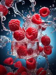 Fresh wet ripe raspberry and ice cubes background. Juice fruit. Flat lay, top view. Berries organic concept. Colorful fruit pattern.