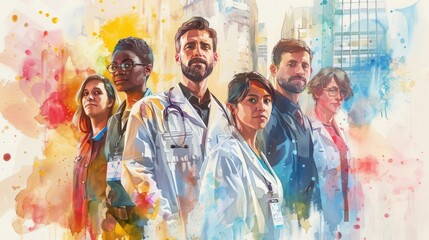 Labor Day. Watercolor illustration of a diverse group of workers from various professions.