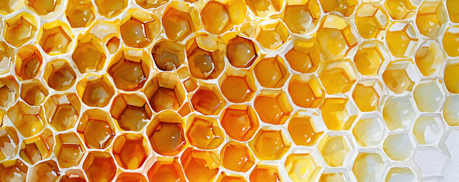 Watercolor painting of golden honeycomb. Painted honeycomb texture background. Honey production, apiculture. Propolis, bee wax hexagon pattern. Sweet and healthy natural dessert.