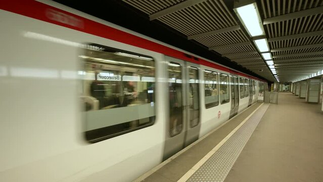 Lyon, France, December 27, 2023. Footage of the metro train arriving at the stop. Nobody on the platform.