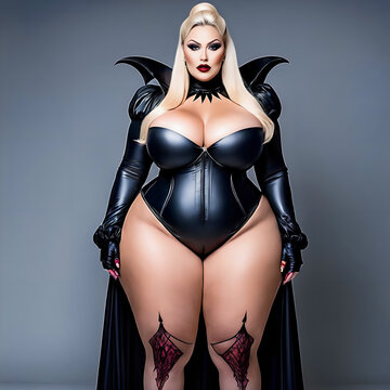 Sexy plus size model with large breasts in black tight fetish clothes