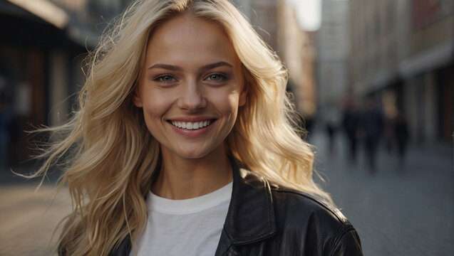Closeup photo portrait of a beautiful young russian caucasian european white model woman smiling with white teeth	