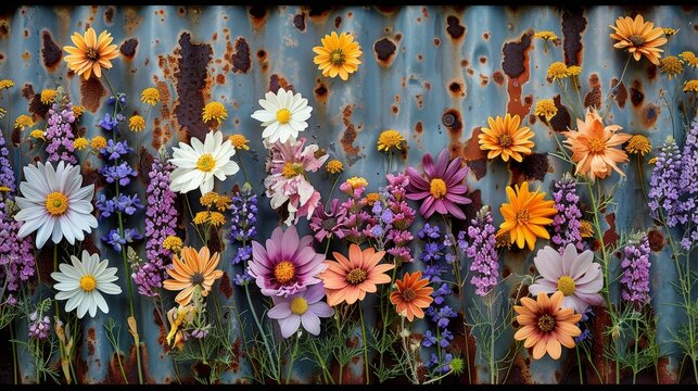   A rusted metal wall, painted orange, yellow, purple, and white, bears flowers in front