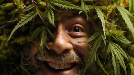 Smiling Face of Cannabis. Portrait of a Marijuana Enthusiast. Legal and Happy