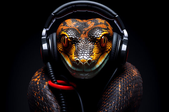Snake with headphones. Snake listening to music
