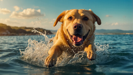 cute dog bathes in the sea, splashes, summer