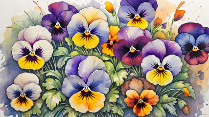 colorful pansy flowers in the garden painted with watercolors