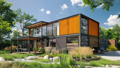 Fototapeta na wymiar Modern container house, Modern shipping container house, modern industry exterior style house made from converted shipping container, Modern shipping container house home, tiny house in sunny day. Shi