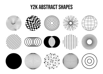 Set of abstract aesthetic geometric round y2k elements and wireframe shapes. Retro line design elements. Vector illustration for social networks or posters on a white background. EPS 10.