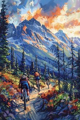 Mountain bike riders tackling rugged trails and steep inclines, with stunning mountain vistas stretching out before them - obrazy, fototapety, plakaty