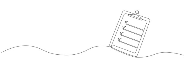 Continuous clipboard line drawing with checklist, to-do list, testing and reporting concepts. Simple linear style illustration with editable strokes. Vector illustration. © Sviatlana