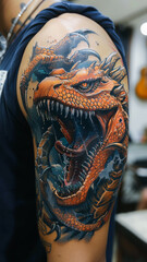 Tattoos on arm.  Man with tattoo