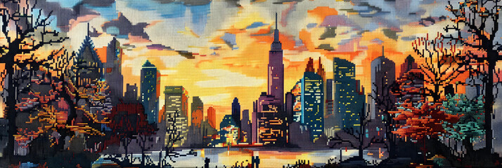 Intricate Cross Stitch Artwork Depicting A Vibrant City Skyline At Sunset