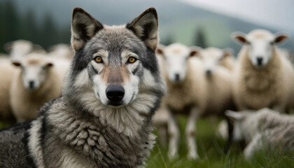 wolf locks eyes with camera amidst blurred sheep. Intense symbolism of leadership, individuality, and defiance