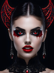 portrait of a girl with Halloween vampire makeup and red eyes