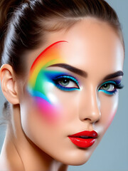portrait of a girl with colorful rainbow paints makeup