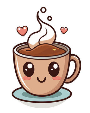 A smiling kawaii  cup of coffee with a cute face emits steam that twists into heart shapes, suggesting warmth and love