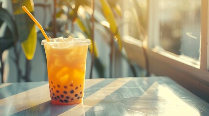 orange-yellow bubble tea in glass on a caffe background. Copy space. colorful drink. Boba tea orange color - Powered by Adobe