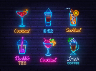 Cocktail Neon Sign Set on brick wall  background.