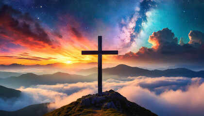Jesus cross symbol on vibrant clouds backdrop, symbolizing hope, salvation, and divine presence. Ideal for religious concepts