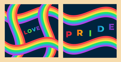 Flyer template, social media message, vector banner set with LGBTQ symbol. design with LGBT rainbow background. A collection of cards for the celebration of Pride month. 