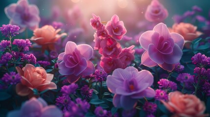 Obraz premium A field's center holds an assemblage of flowers, predominantly purple and pink, in the foreground