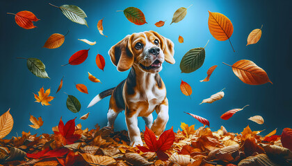 Adorable Beagle Puppy Amidst Falling Autumn Leaves, Vibrant Seasonal Background - Perfect for Wallpaper & Calendar Design