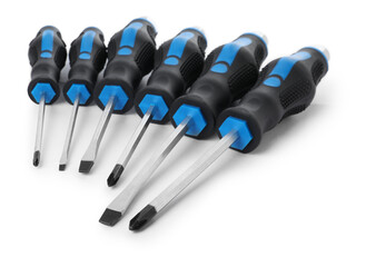 Set of screwdrivers with blue handles isolated on white - obrazy, fototapety, plakaty