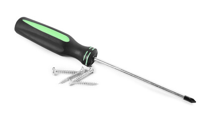 Screwdriver with black handle and screws isolated on white