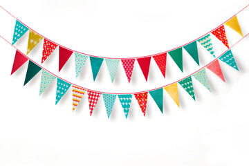 Multicolored holiday garland with triangular decorative holiday flags on white background. Party decorations. Copy space