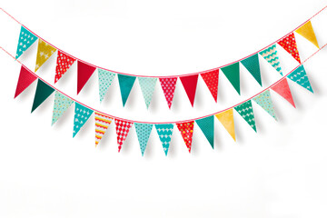 Fototapeta premium Multicolored holiday garland with triangular decorative holiday flags on white background. Party decorations. Copy space