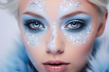 Winter Makeup Of A Beautiful Woman.  Christmas make-up.  AI Generated