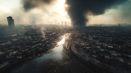 A cityscape bearing the scars of war with plumes of smoke rising. - obrazy, fototapety, plakaty