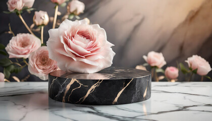 Obraz na płótnie Canvas Modern black marble podium with rose gold accents, conveying elegance and sophistication