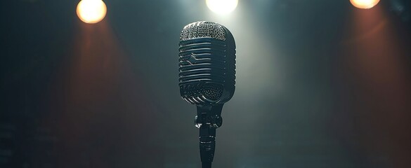 Classic microphone under a spotlight, setting the scene for a soulful music performance with a retro vibe - obrazy, fototapety, plakaty