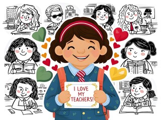 hand drawn illustration of children love teacher