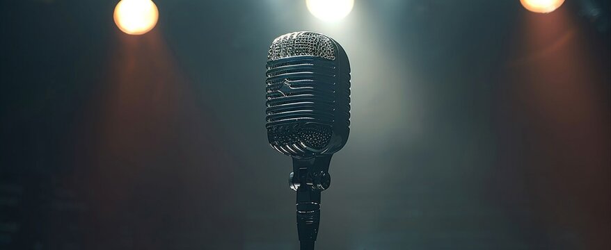 Classic microphone under a spotlight, setting the scene for a soulful music performance with a retro vibe