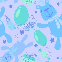 Birthday cartoon animals seamless bears and balloons and gift box and ice cream pattern for wrapping paper