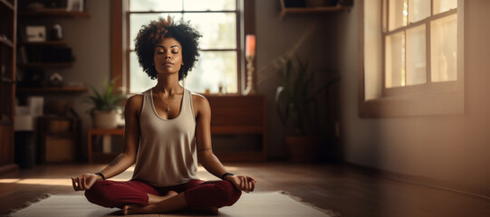 Fototapeta na wymiar African-American woman practicing yoga in lotus position in a serene home environment
