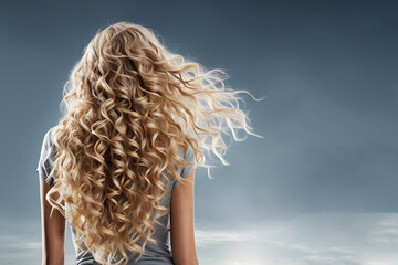 back view blonde with long curly flowing hair
