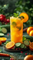 Orange juice with cucumber, mint and mint leaves on a dark background. Generative AI.