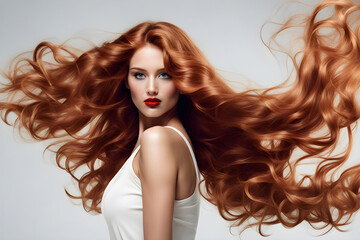 red-haired girl with long flowing hair, advertisment shampoo