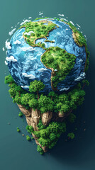 Floating island with a green globe showing continents and oceans.