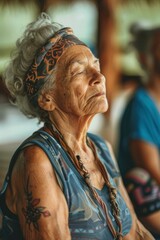 Obraz premium An older woman with a headband on and a smile on her face. Generative AI.