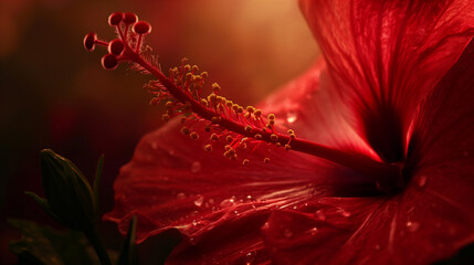 Zbliżenie na czerwony kwiat rośliny z gatunku Hibiscus - obrazy, fototapety, plakaty